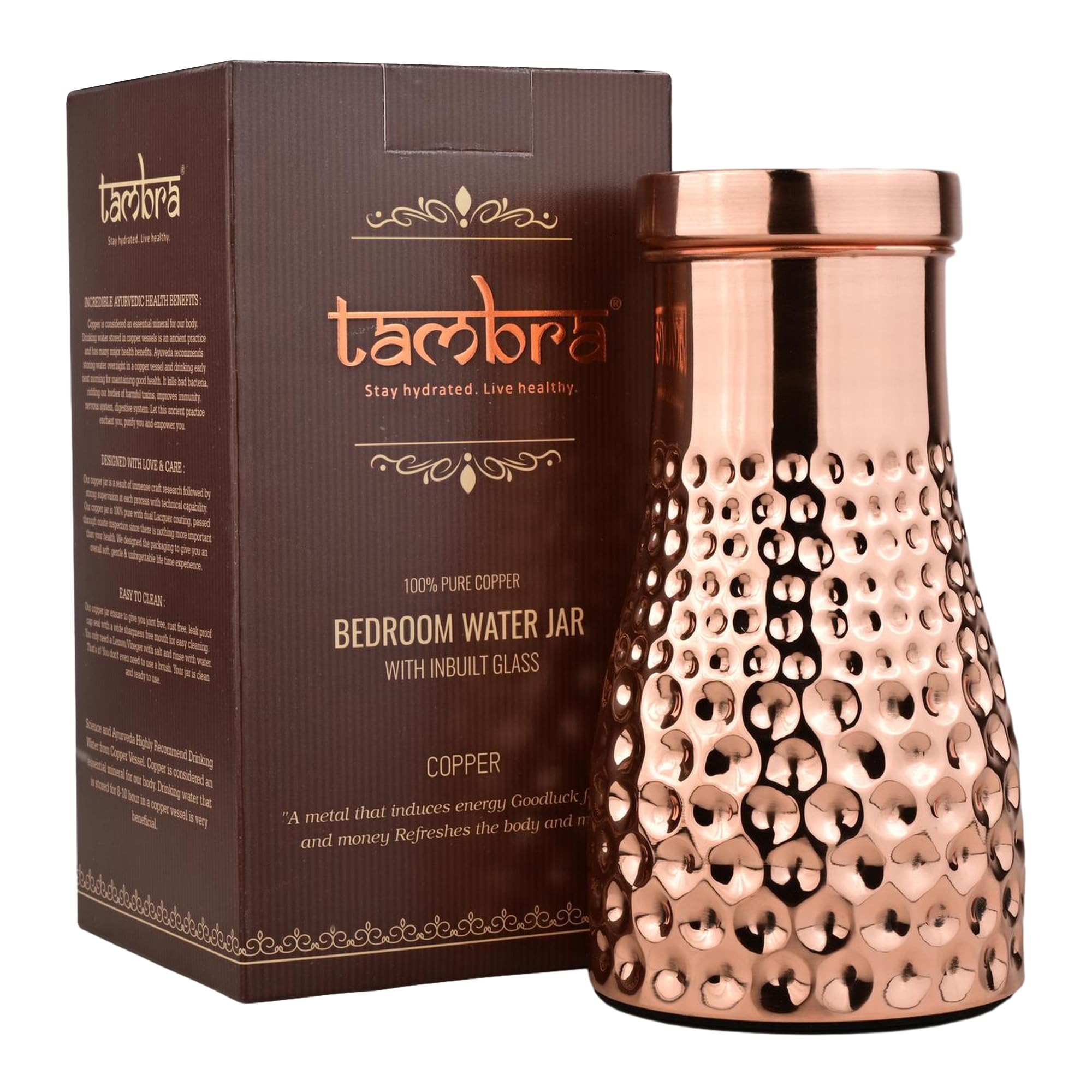 Tambra Copper Bedroom Jar with Inbuilt Glass | Polish Mix Dotted Design | Handcrafted, Leakproof, Jointless | Ayurvedic Benefits, Antioxidant Properties | 1200 ml (Pack of 1)