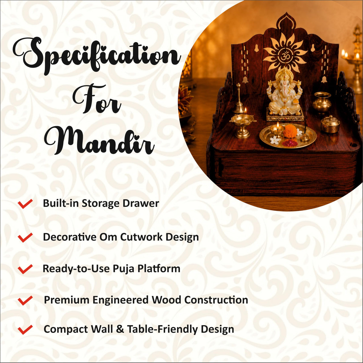 WRAPPING STUDIO Wooden Wall Mounted Home Temple for Pooja | Brown Laminated MDF Mandir with Om Cutwork Design | Decorative Prayer Shelf for Home, Office & Living Room (9 inch)