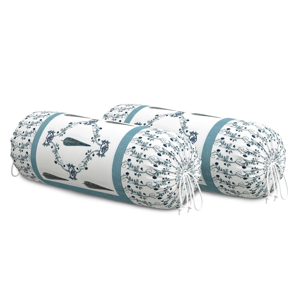 BLOCKS OF INDIA Cotton Hand Block Printed Bolster Cover | Booster Cover with Drawstring | Round Long Pillow Cover for Bed | Dewan Pillow Cover Set 16 X 32 | Set of 2 (Grey Patti)