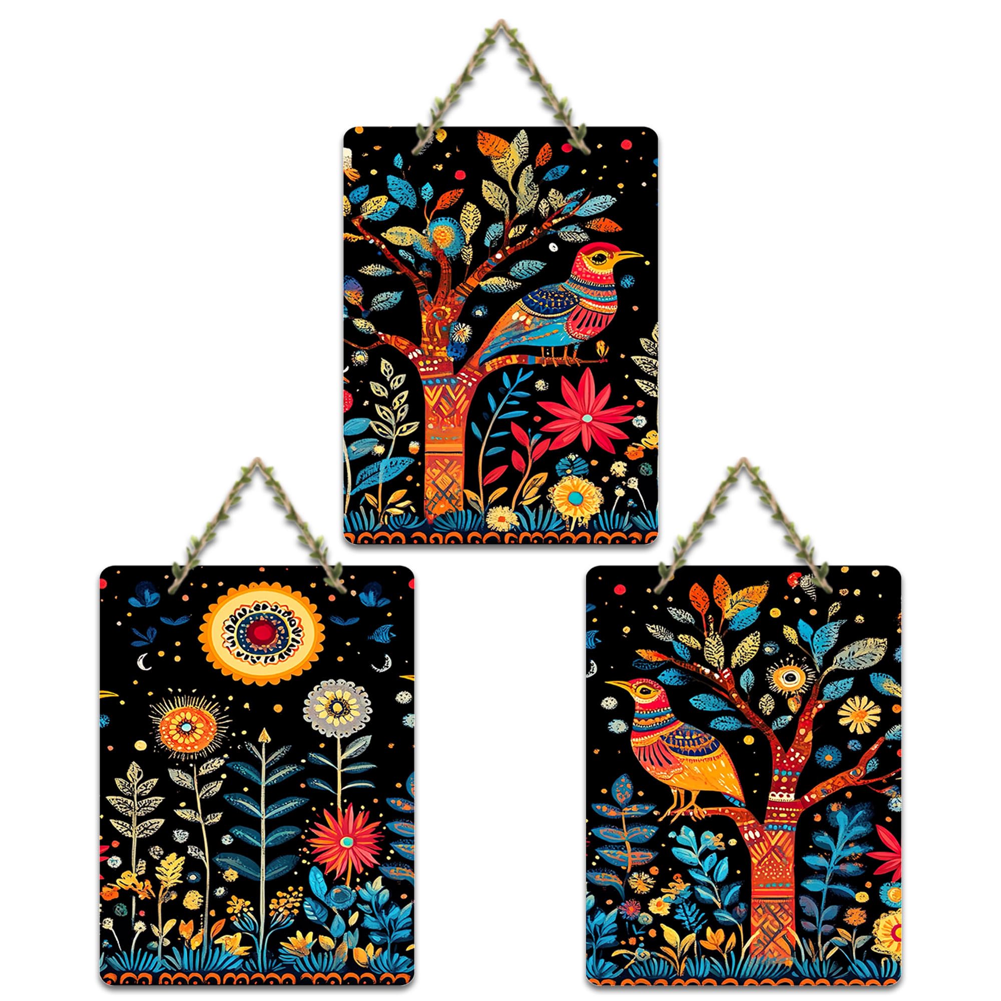 Artvibes Colorful Birds Floral Motifs & Gorgeous Trees Decorative MDF Wooden Wall Art for Home | Wall Accent | Sceneries | Wall Illustrations | Graphic Artwork | Unique Gift Items (WH_9679N), Set of 3