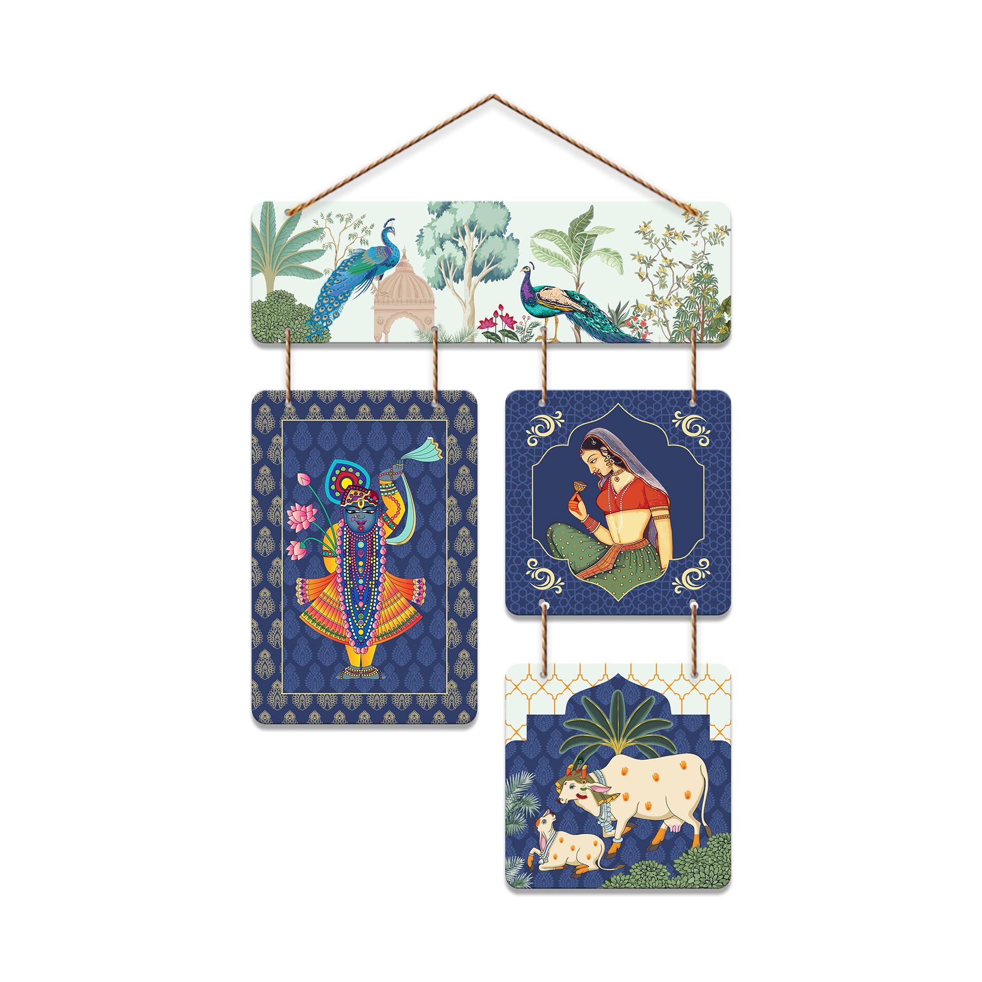 Artvibes Peacock, Woman & Cow Theme Pichwai Art Decorative Wall Art MDF Wooden Wall Hanger for Living Room | Wall Accent | Sceneries | Wall Art Print | Graphic Artwork | Unique Gift Items (WH_6529N)