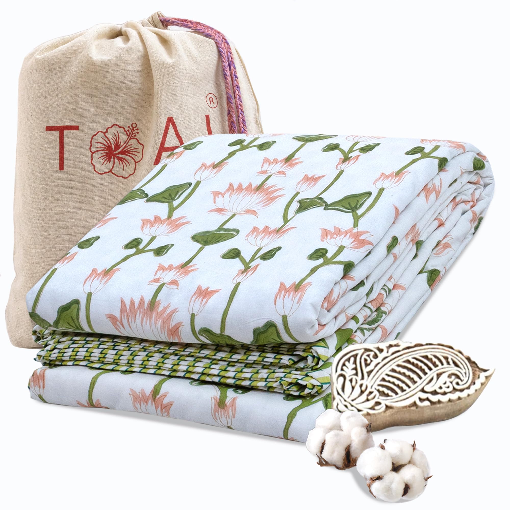 TOAIArt Premium Jaipuri Dohar | AC Blanket Summer Quilt | Hand Block Printed | 3 Layers | Reversible | 150GSM 100% Mulmul Cotton | 100% Cotton Flannel Filling | Single 60 X 90 | Lotus Vines Kafalo