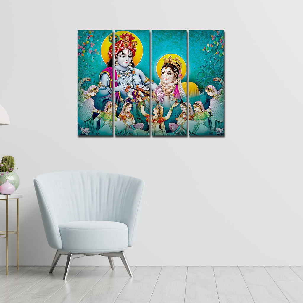 VIBECRAFTS 4 Pieces Beautiful Radha Krishna Canvas Wall Painting Fitted With Wooden Frame For Home | Office | Living Room | Gift(PTVC4Pcs1_13511)