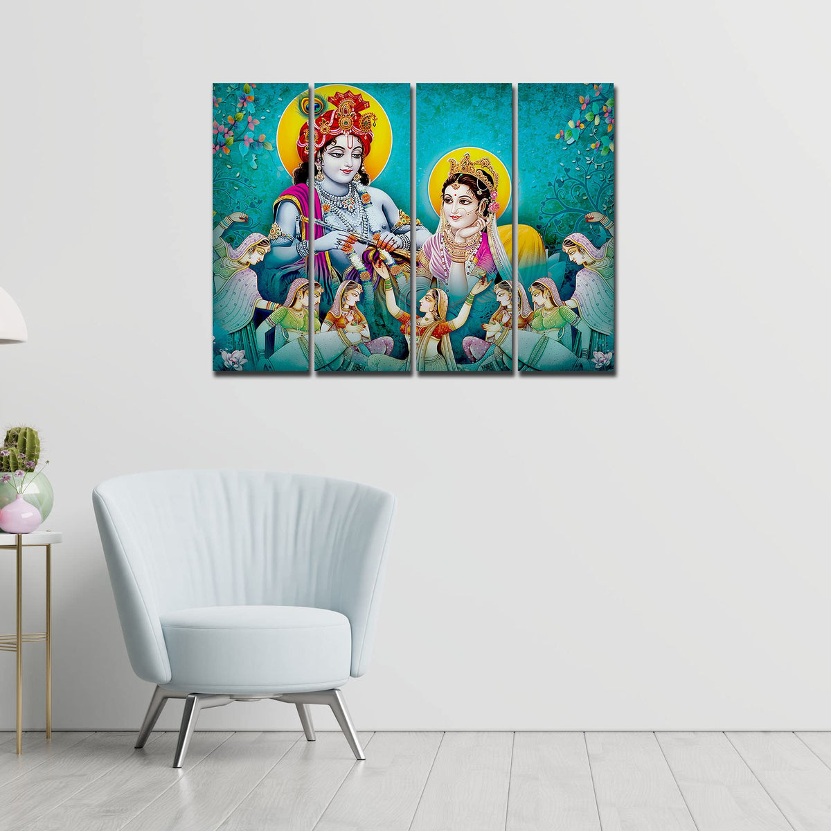 VIBECRAFTS 4 Pieces Beautiful Radha Krishna Canvas Wall Painting Fitted With Wooden Frame For Home | Office | Living Room | Gift(PTVC4Pcs1_13511)