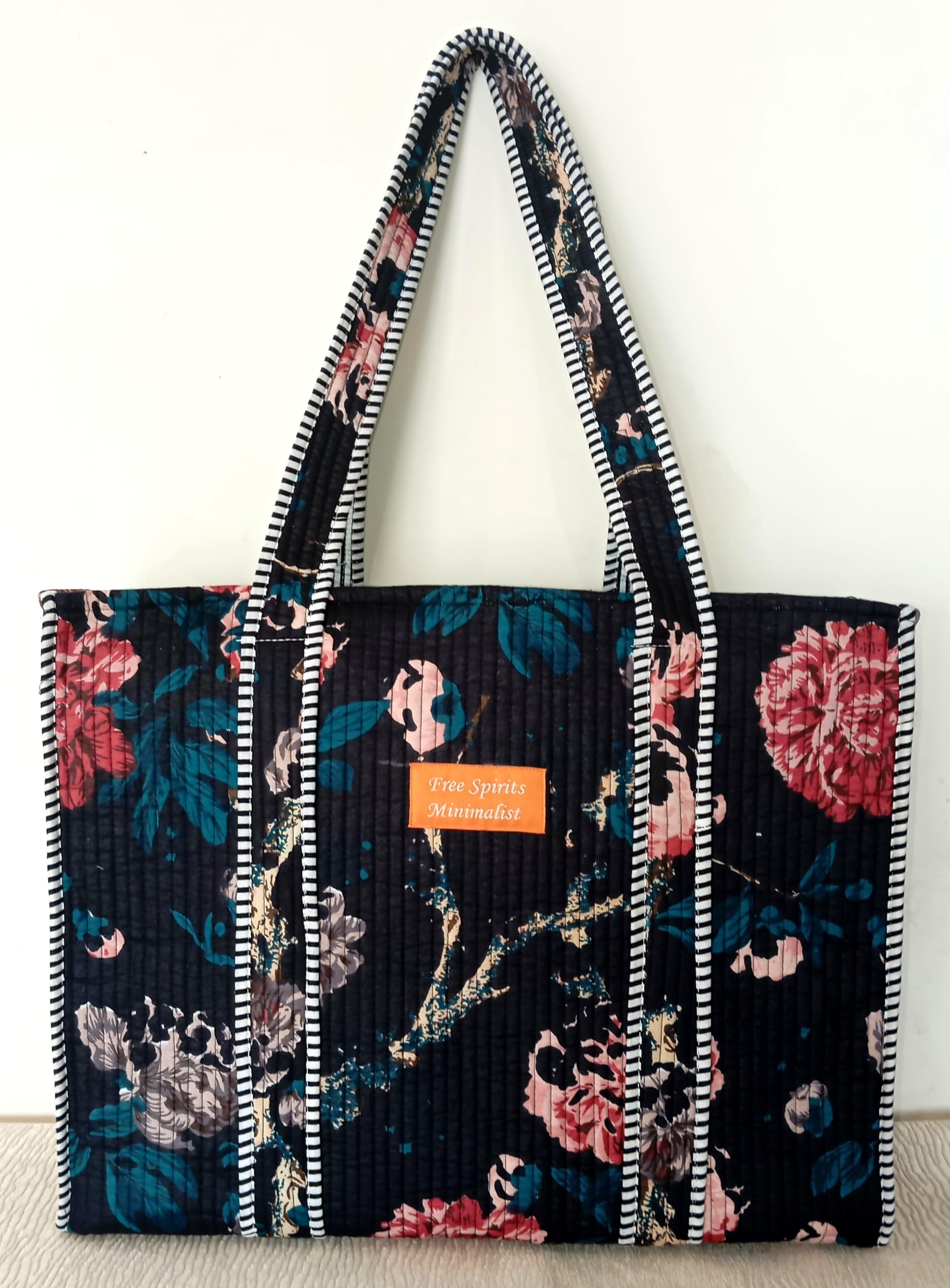 Cotton Tote bag for Women | Shoulder Bag | Durable Shopping bag | Reusable Grocery Bags | Eco friendly Bags| Handmade Cotton Bag | Stylish Quilted handBag |Vegan Tote Bag (Black MULTI)