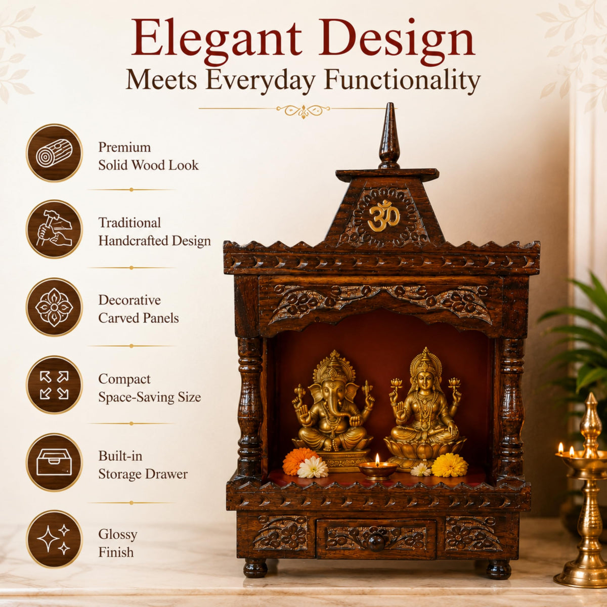 CraftVeda Wooden Temple for Home with Storage Drawer & Brass Bell | Handcrafted Pooja Mandir with OM Design | Wall Mount & Tabletop Hindu Devghar for Home, Office & Prayer Room | 13 x 8 x 7 Inch
