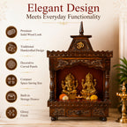 CraftVeda Wooden Mandir for Home | Handcrafted Pooja Temple with OM Design & Brass Bell | Compact Hindu Devghar for Home, Office & Prayer Room | 15 x 9 x 8 Inch
