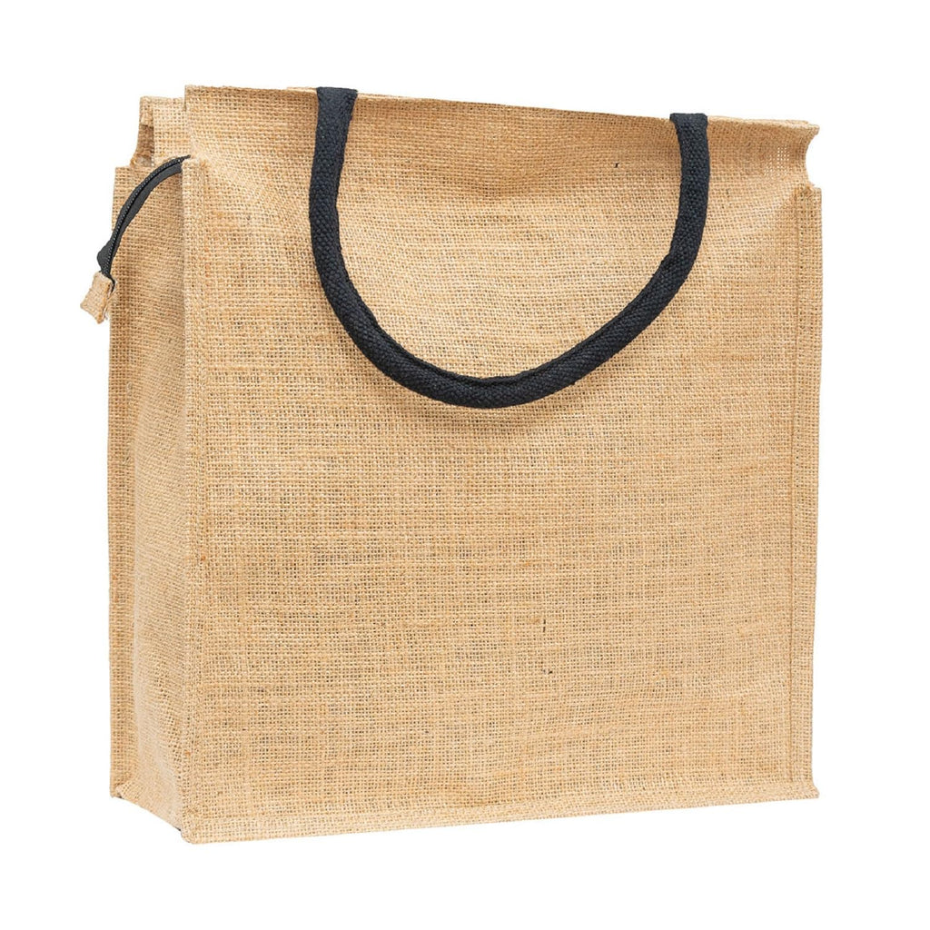 JUTEKA Front Zip Pocket Jute Bag for Lunch, Office, Grocery, Picnic, Tiffin, Shopping Hand Bag with padded cotton handles