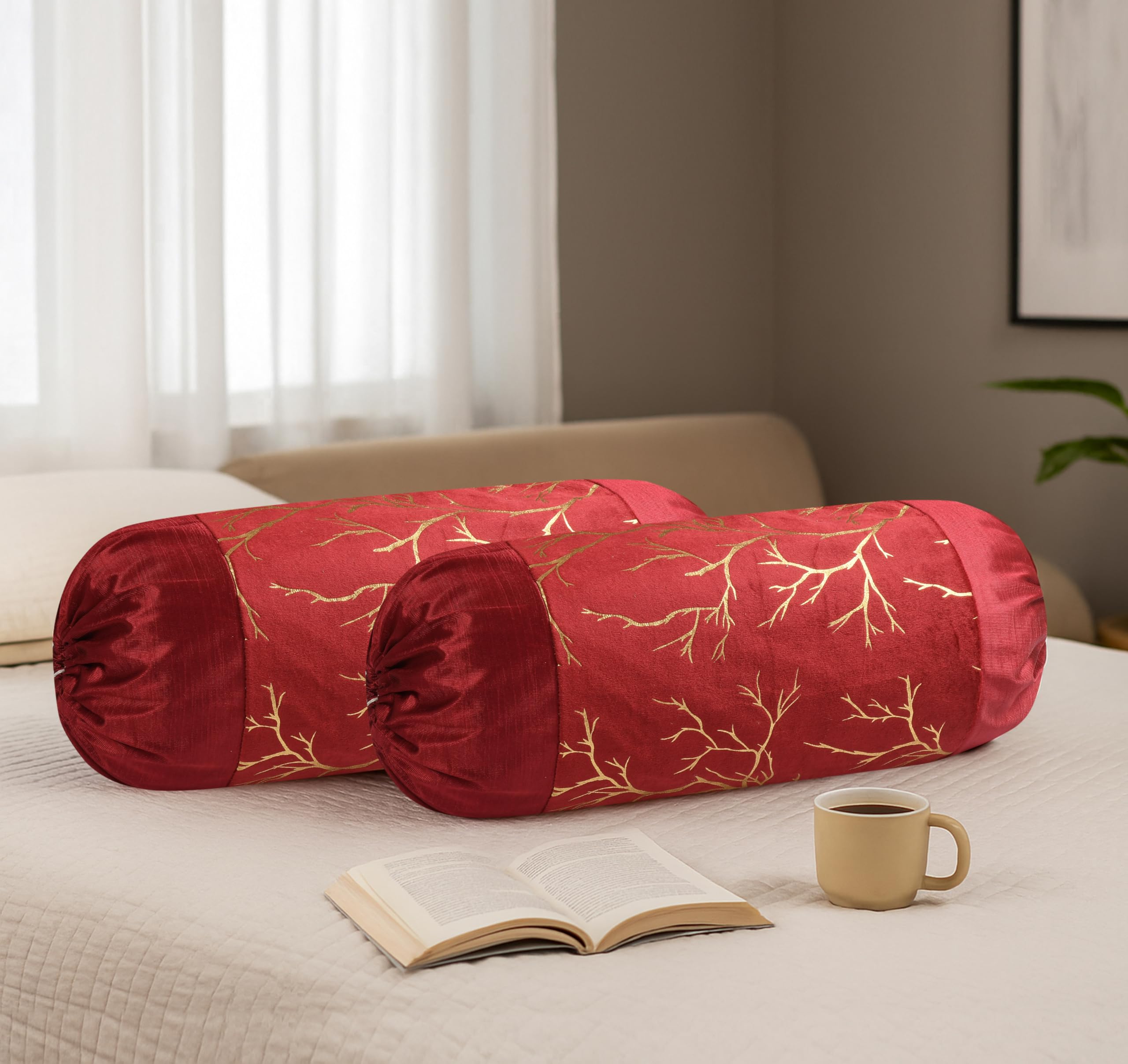 Stuffique Bolster Pillow Cover Set of 5, Round Cushion Cover - 16 x 32 inches, Maroon
