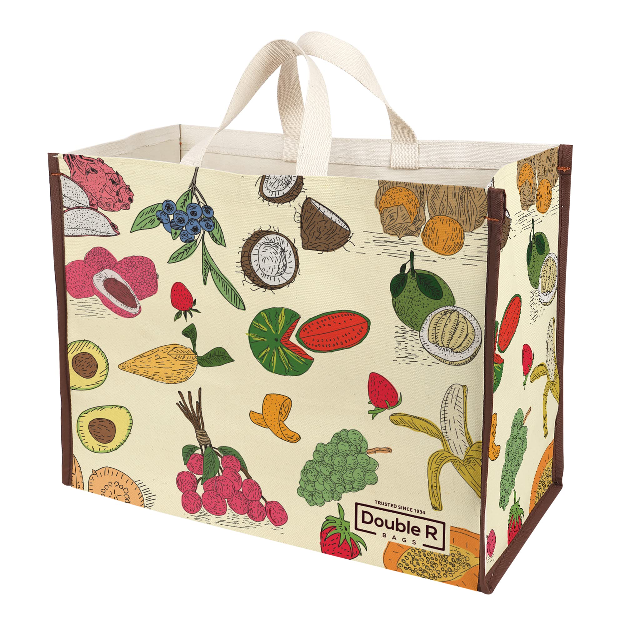 DOUBLE R BAGS Heavy Duty Cotton Canvas Grocery Shopping Bag | Eco-Friendly Cloth Tote for Vegetables, Milk, Fruits & Lunch | 33x44.4x20.3cm | 1 Compartment | Pack of 3 Fruit Print