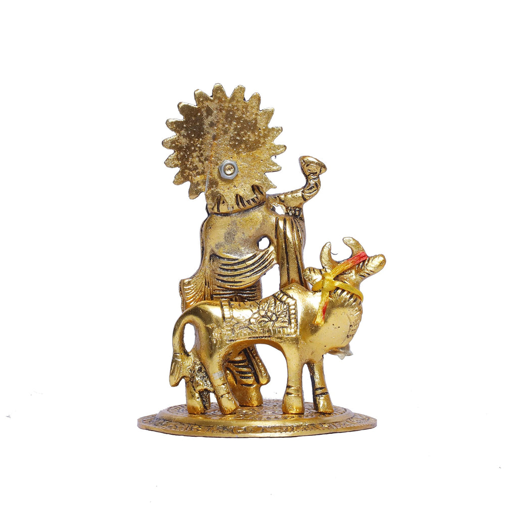 KridayKraft Lord Krishna with Cow Metal Statue,Krishna Murti Playing Flute for Temple Pooja,Decor Your Home,Office & Gift Your Relatives,Showpiece Figurines,Religious Idol