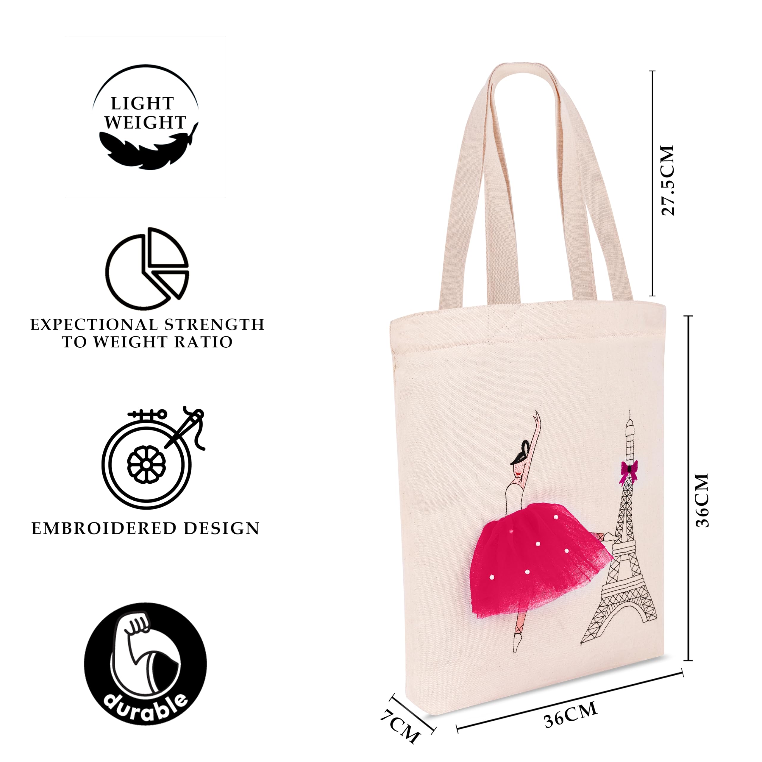 MASQ by Q-One Girl Embroidered Canvas Tote Bags for Women with Zip, College Bag for Girls, 100% Organic Cotton Tote Bag for Traveling & Daily Use | Stylish Gifts for Women and Girl