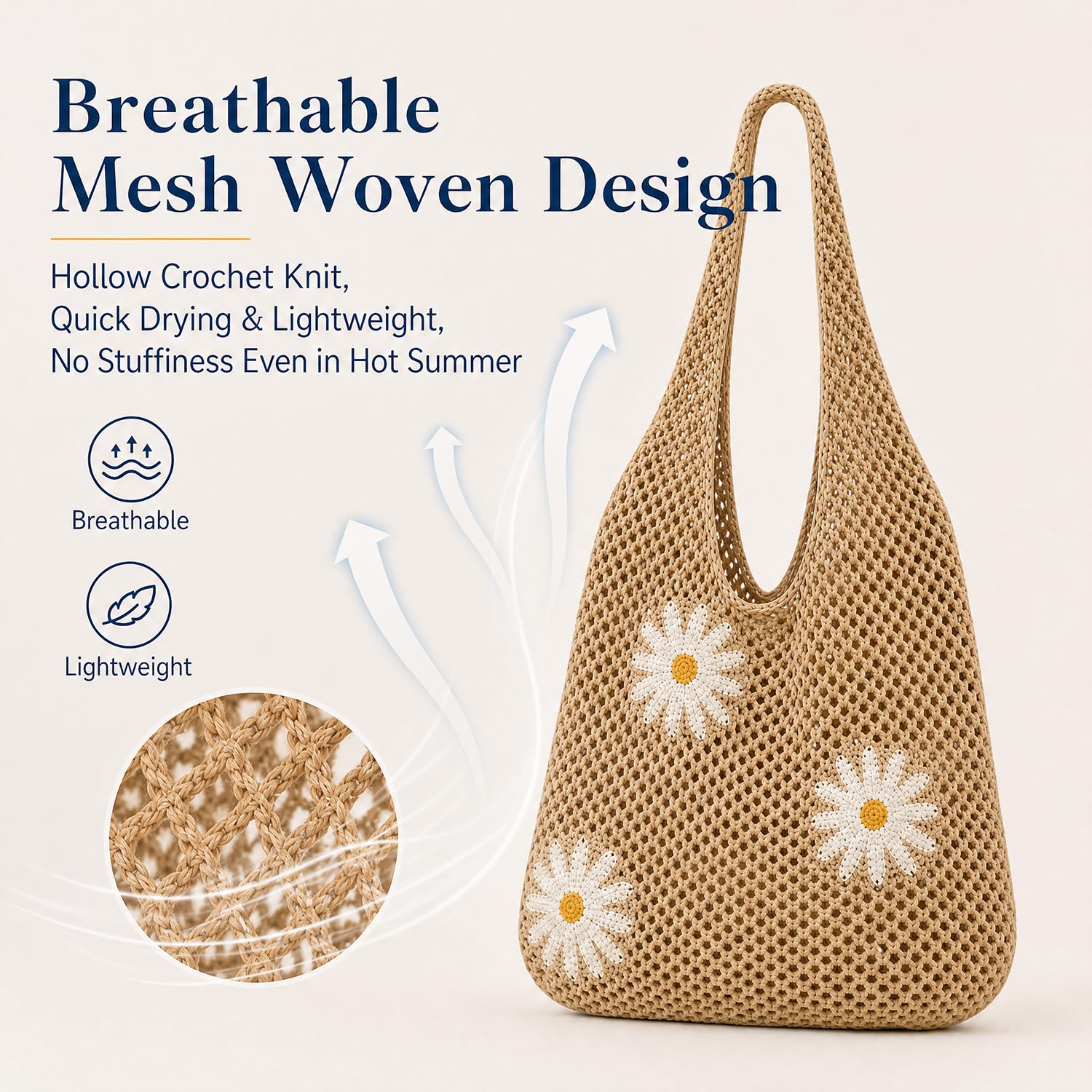 Tote Bag for Women Crochet Mesh Beach Shoulder Bag Khaki Knitted Summer Vacation Handbag with Flower Brooch Large Capacity Lightweight Casual Travel Shopping Shoulder Bag for Women Stylish Design