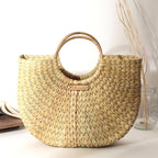 Habere India-All the Cultures Fabricating India U Shape Seagrass Straw Tote Bag for Women | Boho Woven Basket Handbag | Mini Tote Purse, Beach & Summer Handbag (Design 01)