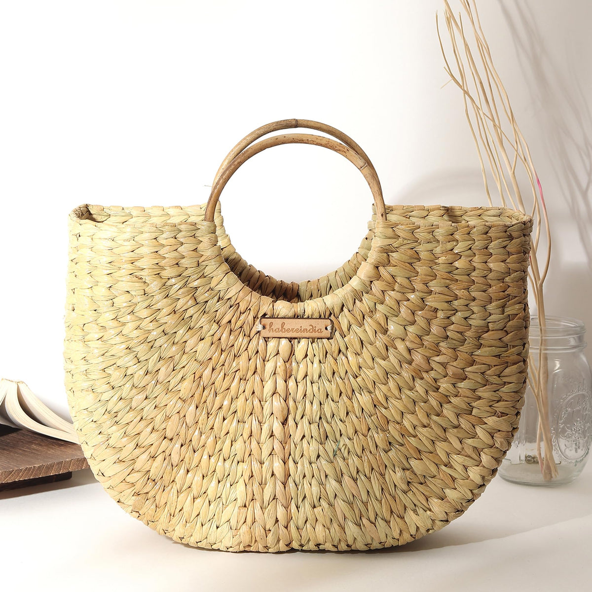Habere India-All the Cultures Fabricating India U Shape Seagrass Straw Tote Bag for Women | Boho Woven Basket Handbag | Mini Tote Purse, Beach & Summer Handbag (Design 01)