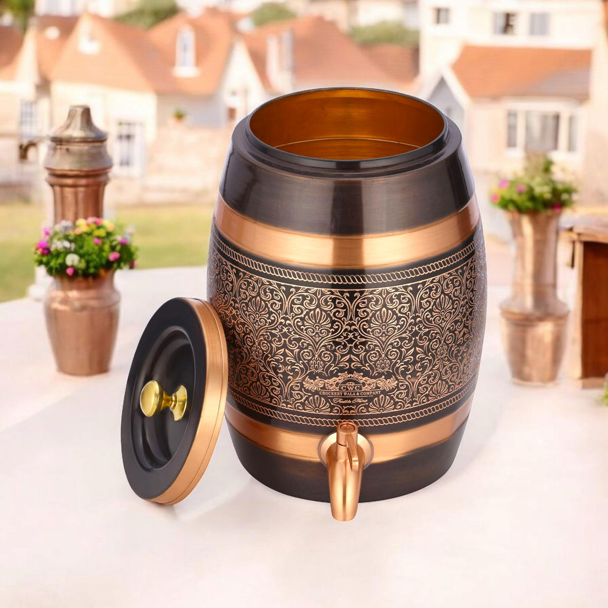 cWc Pure Copper Water Dispenser 8 Litre | Handcrafted Antique Engraved Copper Barrel | Ayurvedic Water Storage Pot | Traditional Copper Water Tank for Home, Kitchen & Office