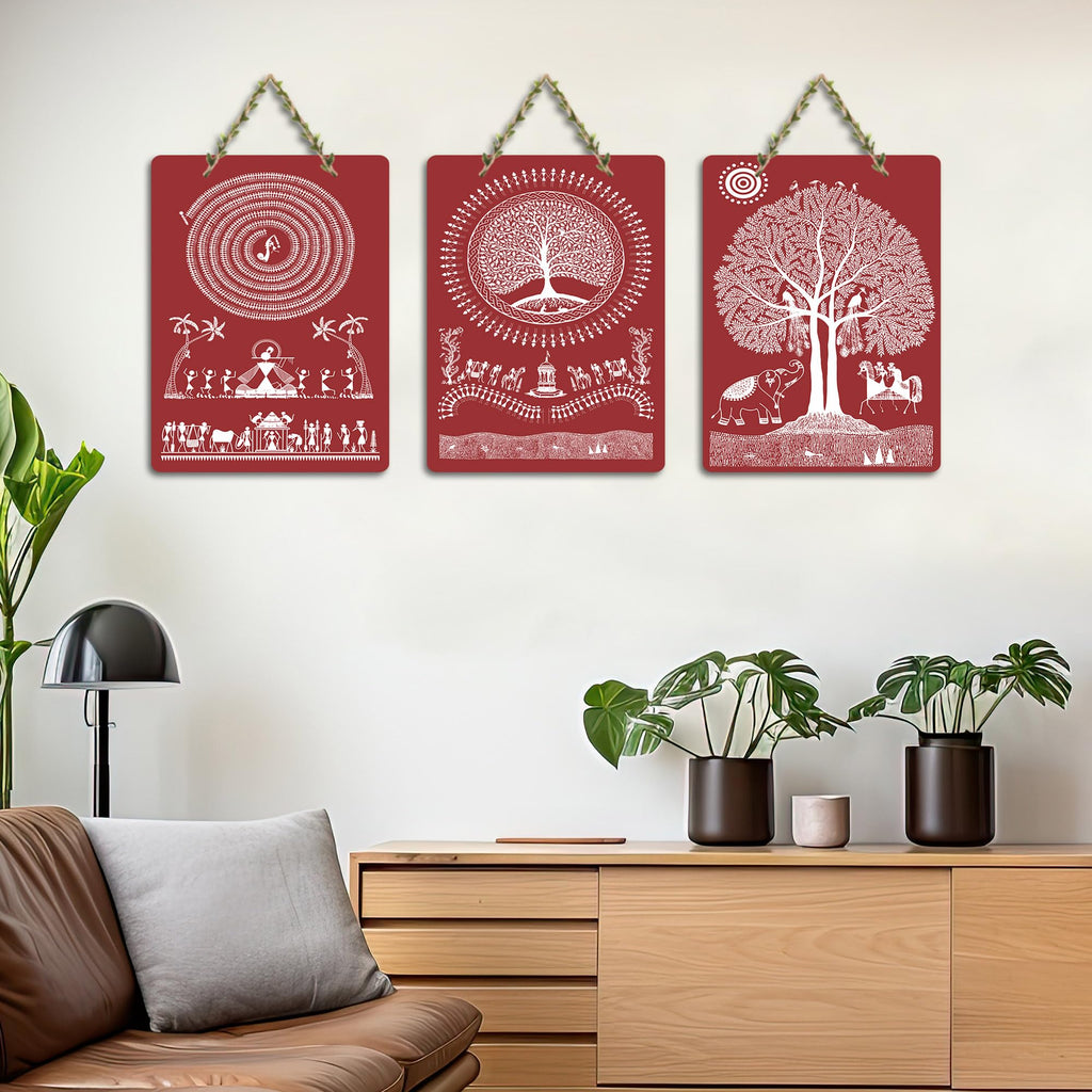 Artvibes Tribal Warli Art Decor Decorative MDF Wooden Wall Art for Home | Living Room | Office | Wall Art Painting For Hall | Graphic Artwork | Wall Art Print | Ideal Gifts (WH_96157N), Set of 3