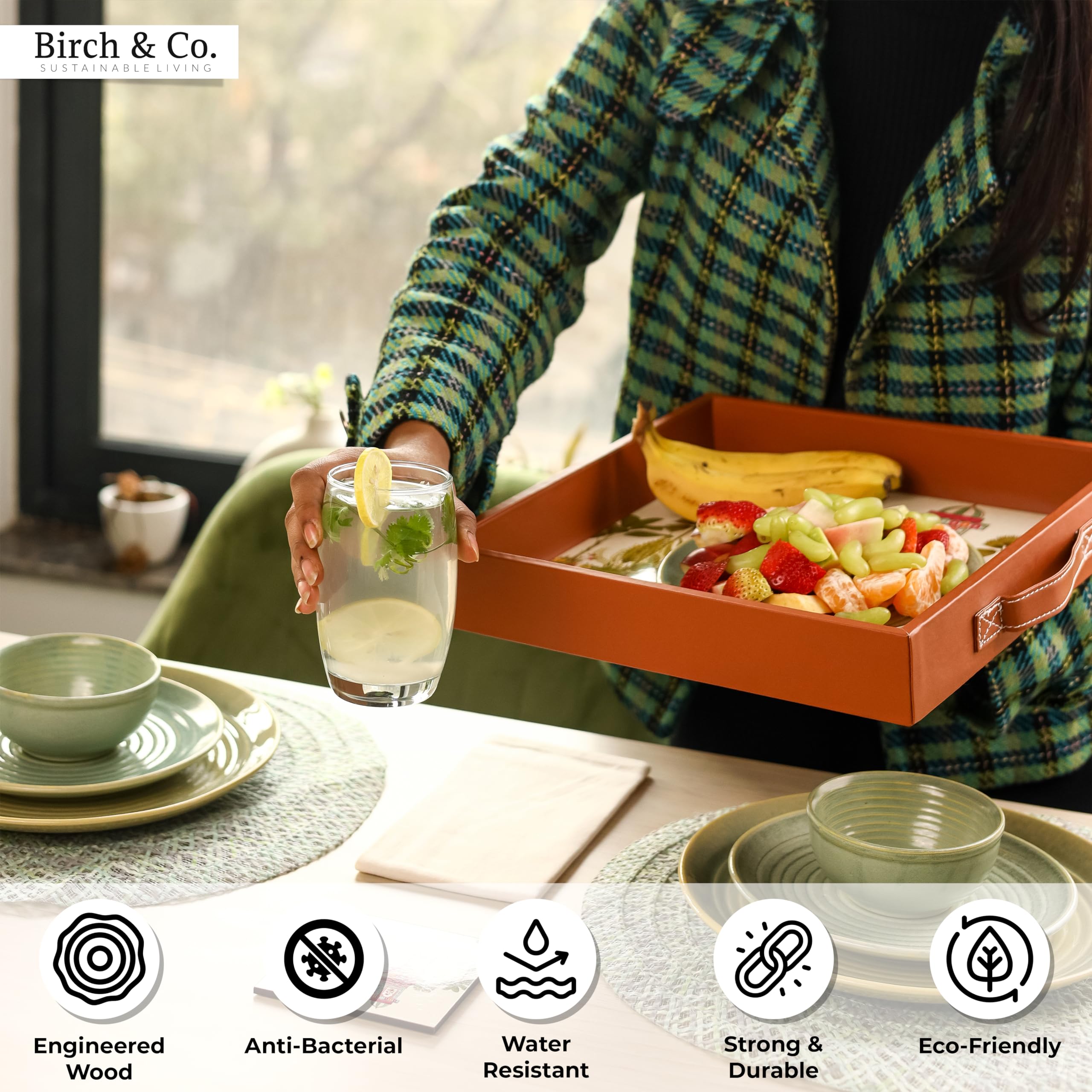 Birch & Co. Wooden Tray For Serving-Free 4 Coasters-12 In X 12 Inch-Serving Tray-Tray Set For Decoration-Round Shape Tea Trays-Big Coffee Tray-Premium Mdf Trey-Wooden Serving Trays-Resin Tray,Ancient