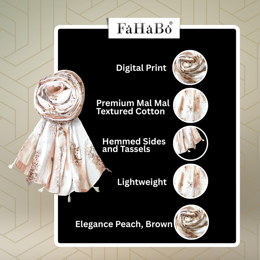 FAHABO Scarf Woman Floral Print Premium Mal Mal Textured Cotton Scarves with Tassels | Hijab Scarf | Headscarf | Neck Scarf | Stoles | Wraps | Size 71 L x 33 W (Elegance Peach, Brown)