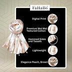 FAHABO Scarf Woman Floral Print Premium Mal Mal Textured Cotton Scarves with Tassels | Hijab Scarf | Headscarf | Neck Scarf | Stoles | Wraps | Size 71 L x 33 W (Elegance Peach, Brown)