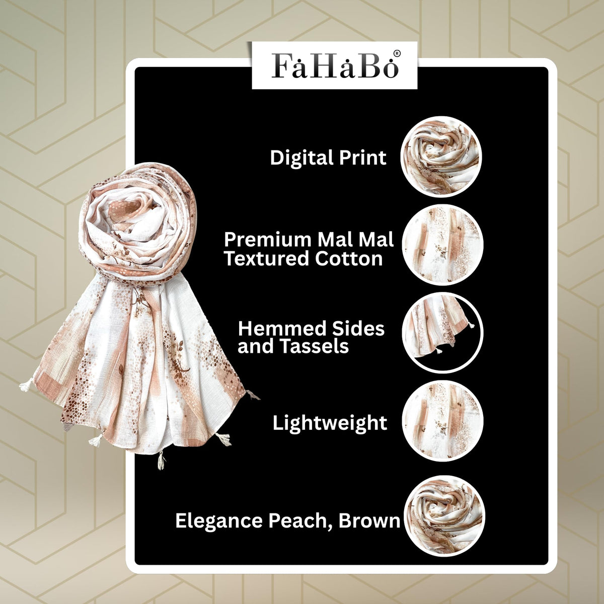 FAHABO Scarf Woman Floral Print Premium Mal Mal Textured Cotton Scarves with Tassels | Hijab Scarf | Headscarf | Neck Scarf | Stoles | Wraps | Size 71 L x 33 W (Elegance Peach, Brown)