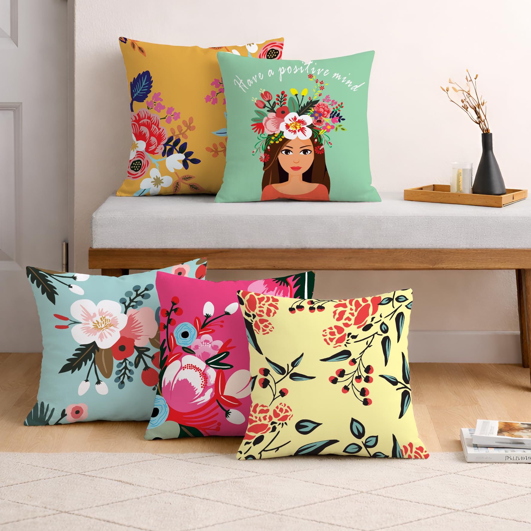 STITCHNEST Set of 5 Bloom & Positivity Collection Printed Jute Cushion Covers 16x16 Inches | Decorative Throw Pillow Covers for Sofa, Living Room, Bedroom | Perfect for Home Decor