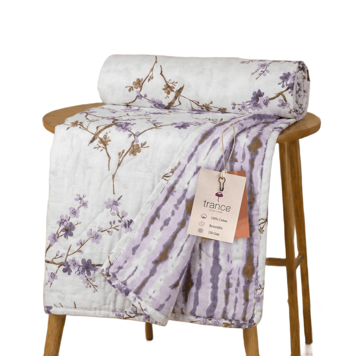 Trance Home Linen Premium 100% Cotton Dohar for Double Bed | 150 GSM | Reversible Ac Comforter | Light Weight All Season Soft Blanket (84x88 Inches | Akira Lavender) Kafalo