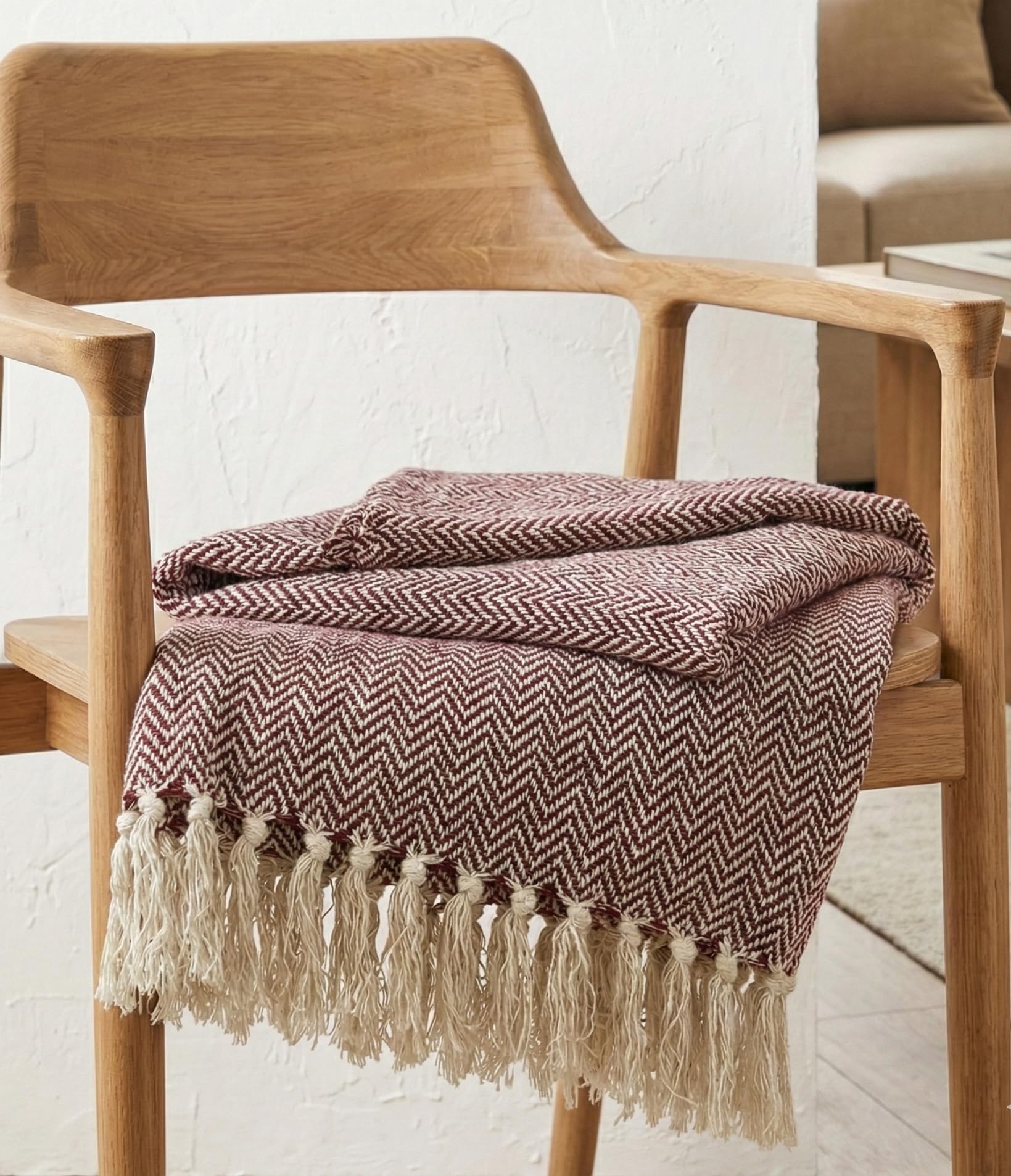 Furnistitchs Boho Cotton Sofa Throw - Chevron Zigzag Patterned Hand-Woven Throw Blanket with Tassels for Living Room, Bedroom, Car & Travel (Cranberry, 50x60 inches) Kafalo