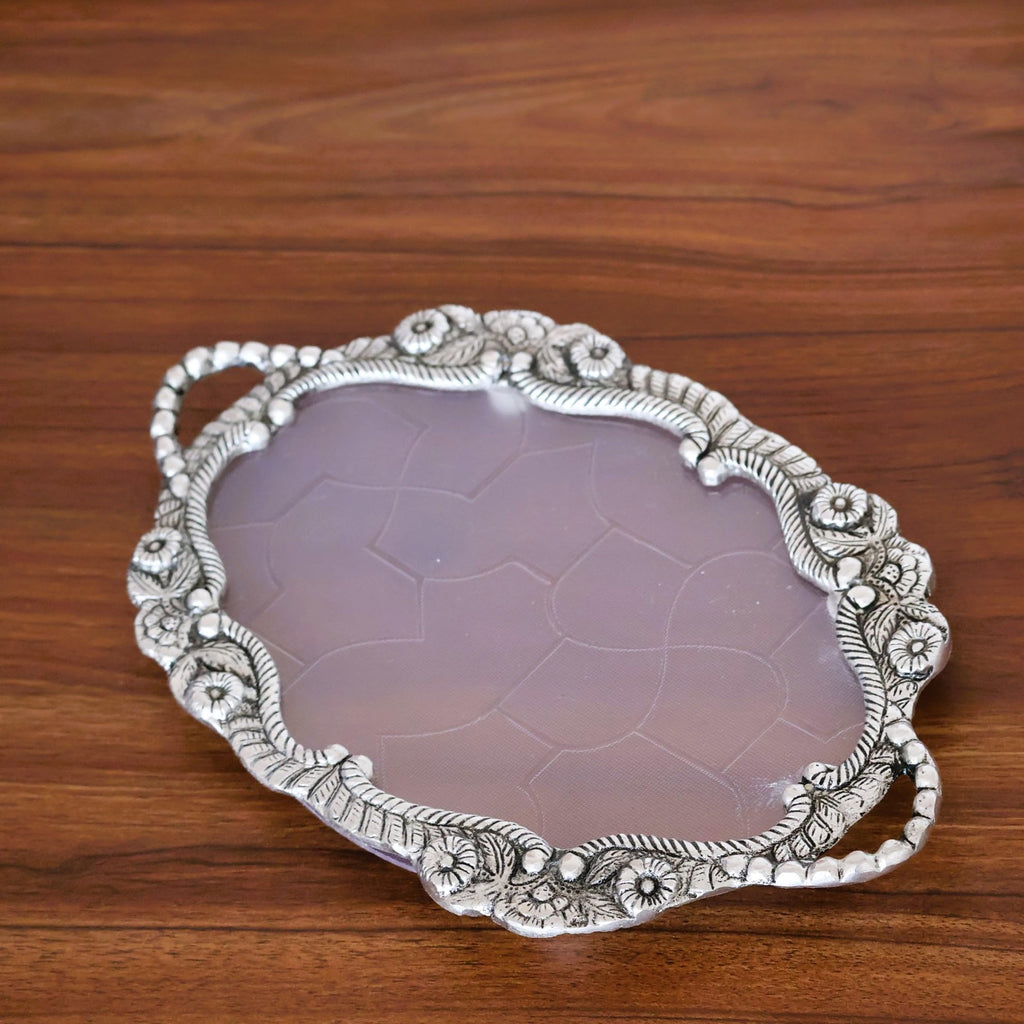 Decorative Fiber Tray with Metal Floral Border, 25 cm Diameter