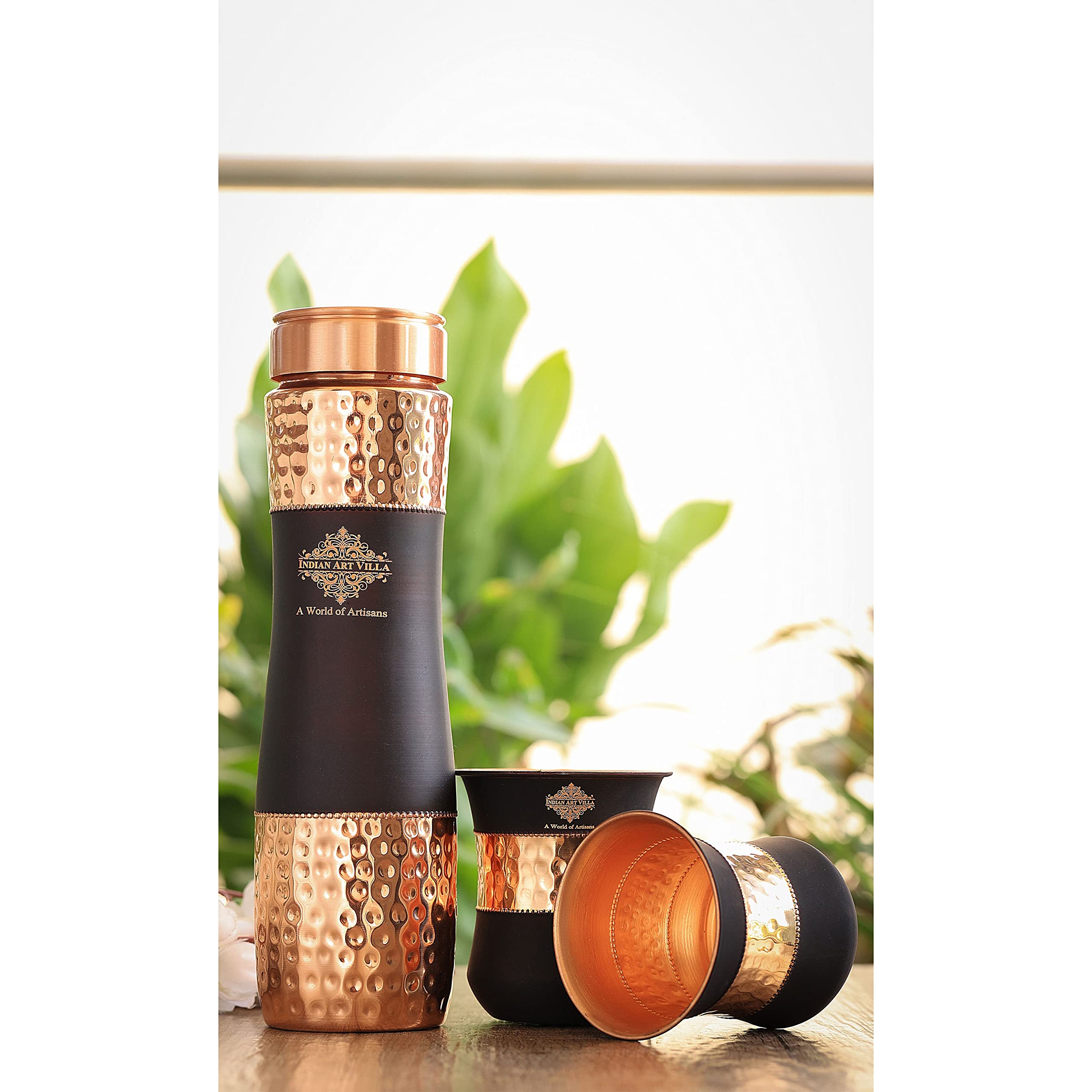 INDIAN ART VILLA Copper Drinkware Black Silk Finish, Set of 2 Glass and 1 Bottle, Volume - Glass 300 ML, Bottle 1000 ML