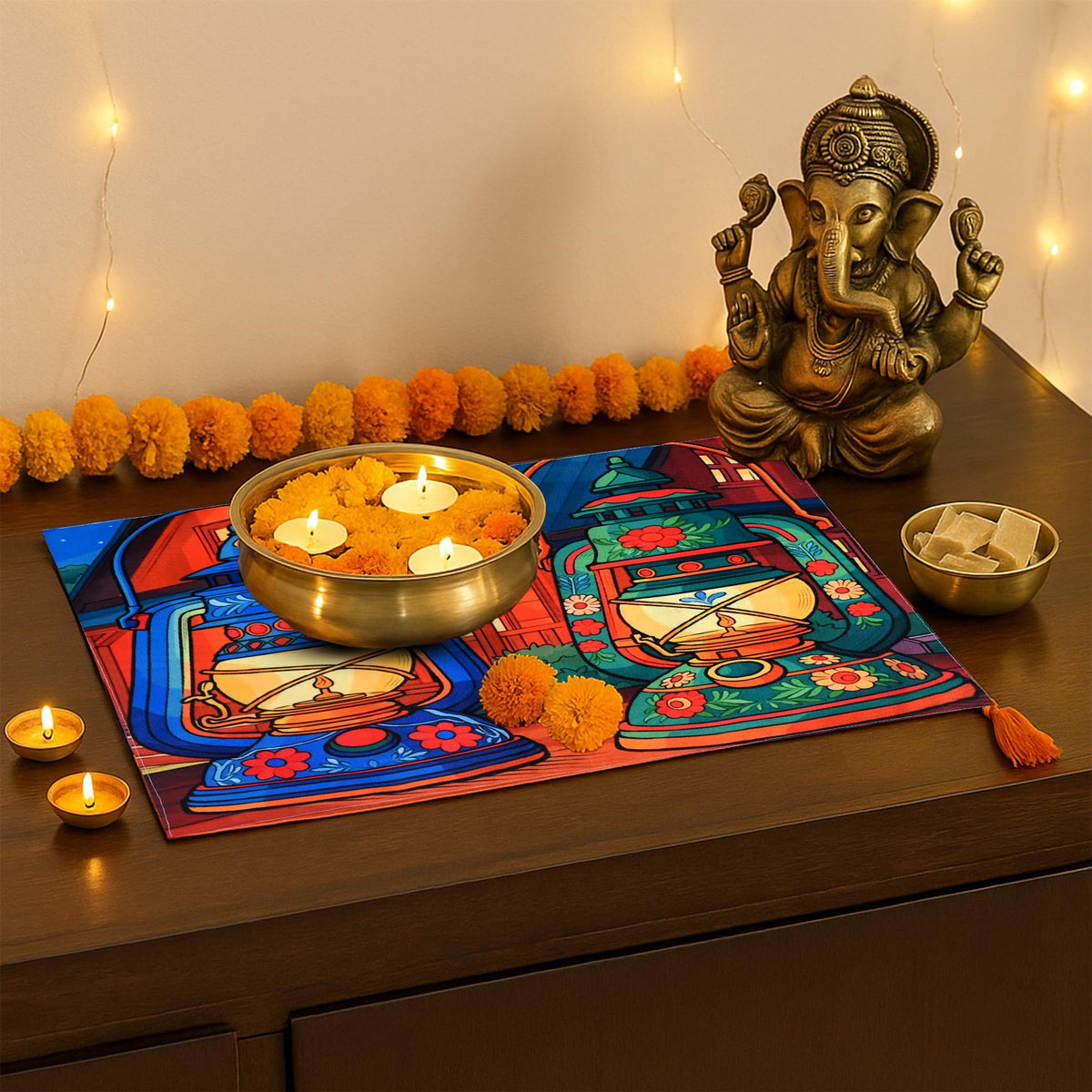 PRAKARTIK BY INDUARTS Dining Table Mats Set of 4 - Lamp Diwali Theme,Digital Print, Washable, Indoor/Outdoor, Heat-Proof, Water Resistant, Wipe & Clean (47X33 cm) Green & Blue Kafalo