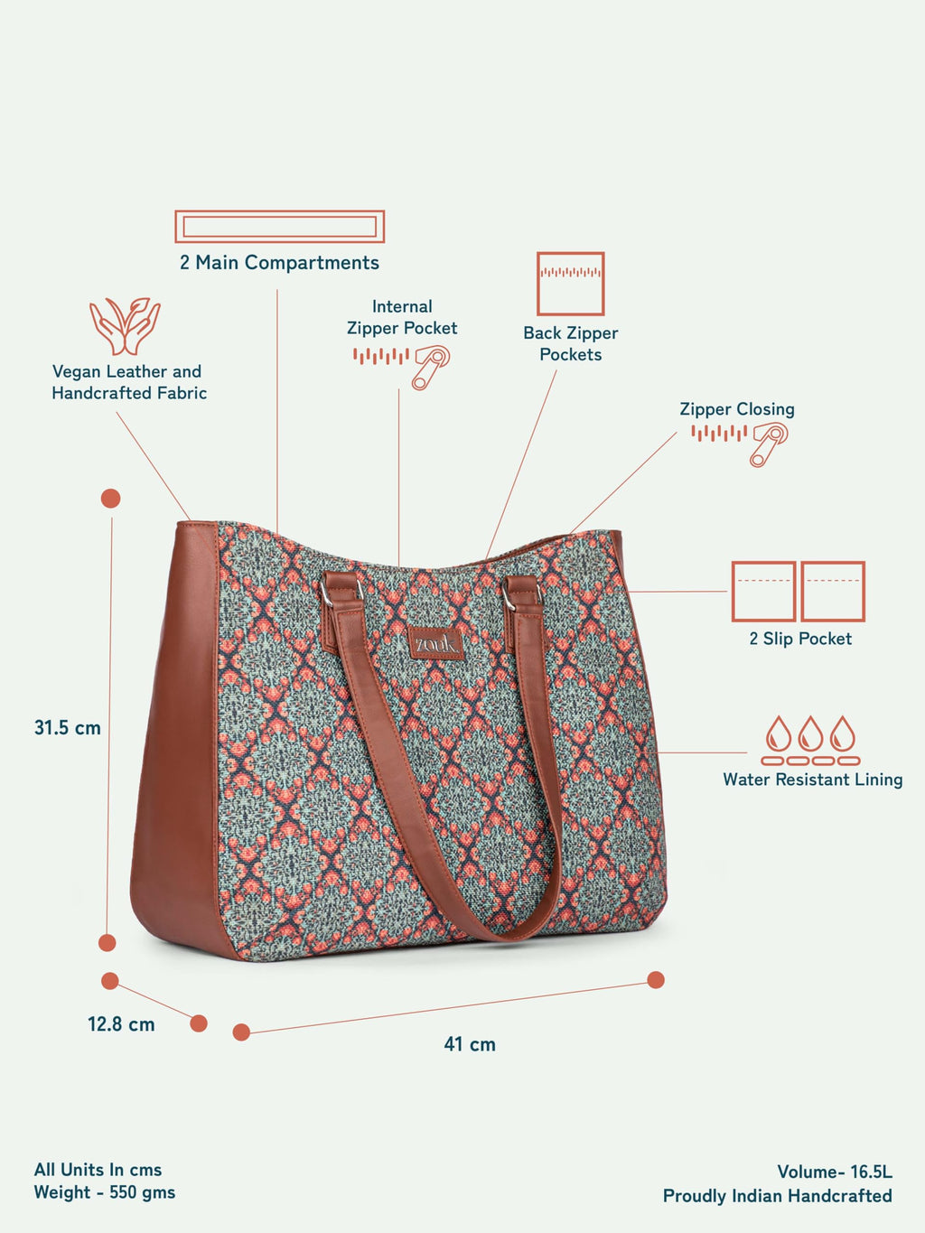 ZOUK Kolkata Nouveau Getaway Handbag | Jute | Vegan Leather Handcrafted Tote Bag | Green