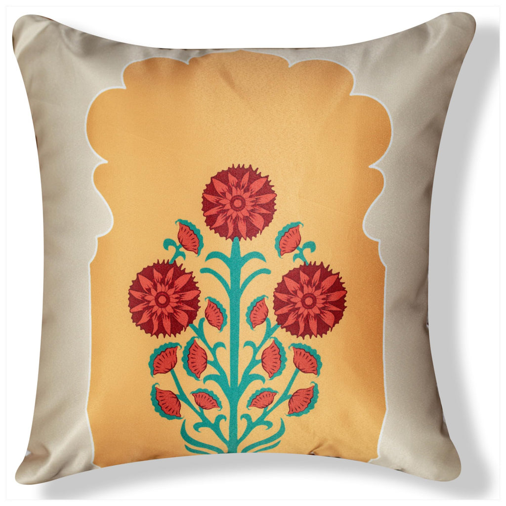 Vendola Decorative Satin Sofa Cushion Covers Set of 5, 20 Inch x 20 inch, Sofa Pillow Cover, Ethnic Festive, Red, Yellow, Beige, Namaskar Welcome, Zipper Closure (Namaskar, 20X20 Inches)