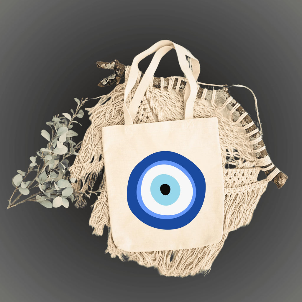 snapiq COTTON 350 GSM Canvas Tote Bag for Women and Girls Thick Fabric with Zipper (Beige, Evil Eye)