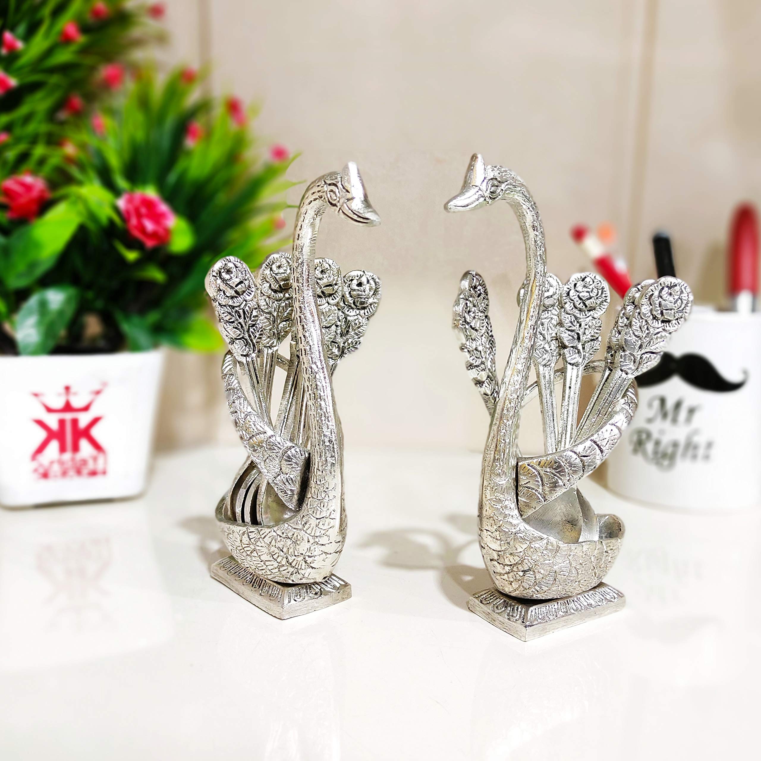 KridayKraft Metal Swan (Duck) Silver Spoon Stand for Dining Table Spoon Set with Stand/Decorative Spoon Rest Showpiece Item for Dining Table...