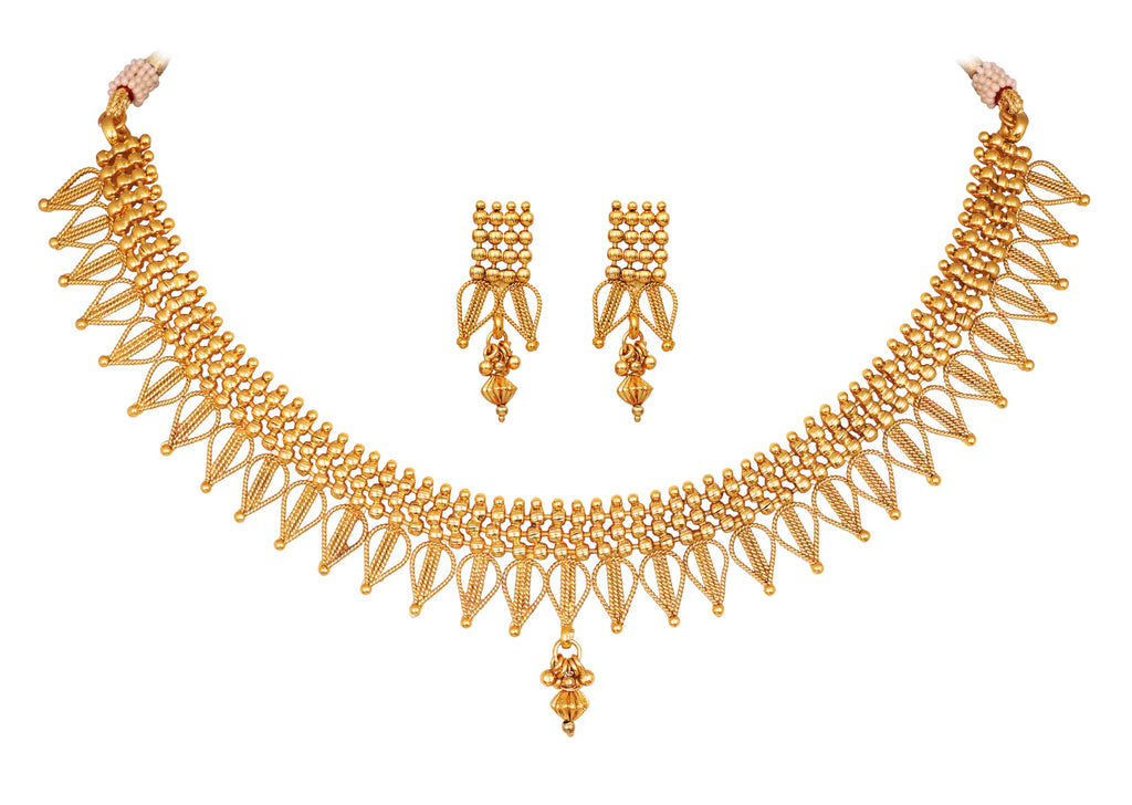 JFL - Jewellery for Less Traditional One Gram Gold Plated Necklace Set for Women | Design Handmade Mesh Pattern Necklace with Matching Drop Earrings | Ethnic Wedding, Bridal & Festive Jewellery