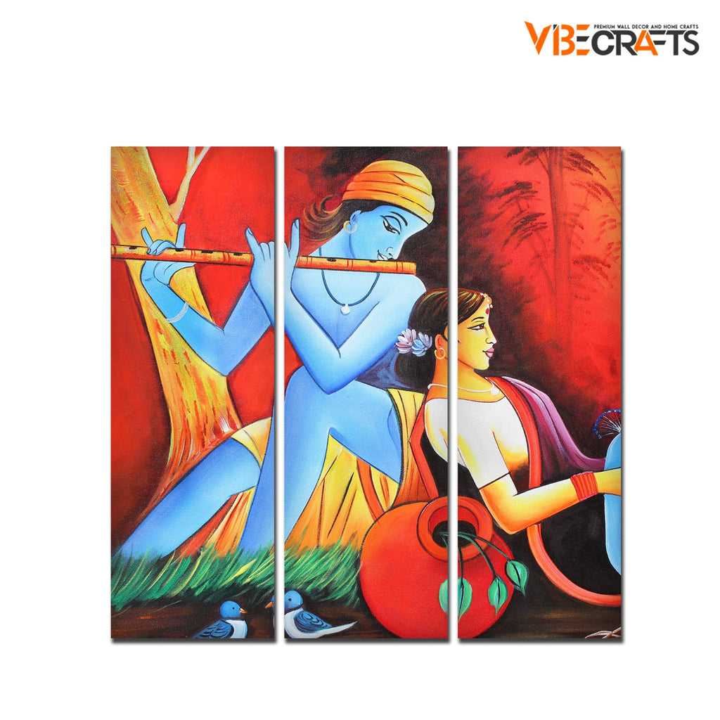 VIBECRAFTS 3 Pieces Beautiful Radha Krishna Canvas Wall Painting Fitted With Wooden Frame For Home | Office | Living Room | Gifts (PTVC3Pcs1_9545)
