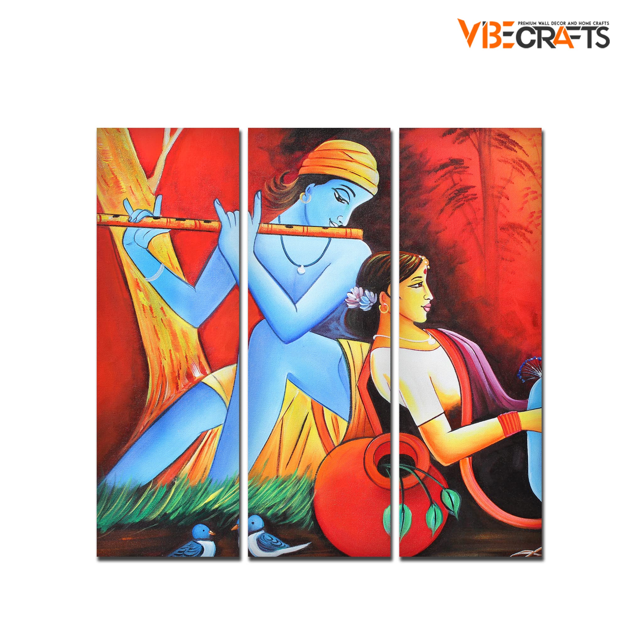 VIBECRAFTS 3 Pieces Beautiful Radha Krishna Canvas Wall Painting Fitted With Wooden Frame For Home | Office | Living Room | Gifts (PTVC3Pcs1_9545)