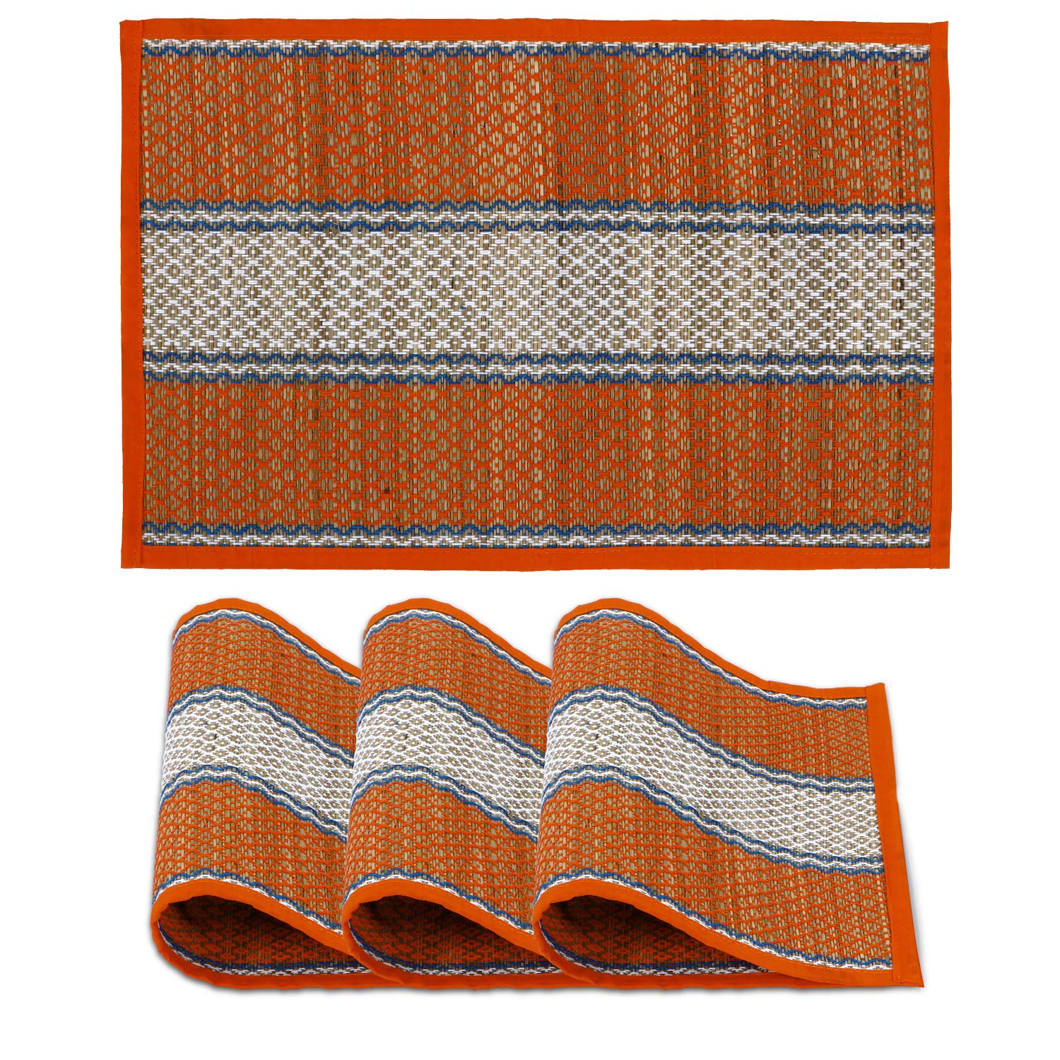 HOKIPO ® River Grass Handcrafted Madurkathi Heat Resistant Dining Table Mats Place Mats (Orange, 12x18 Inches) Set of 4 Pieces Kafalo