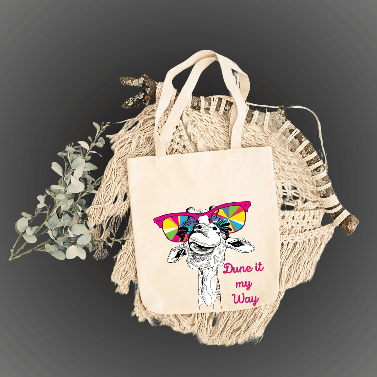 snapiq COTTON 350 GSM Canvas Tote Bag for Women and Girls Thick Fabric with Zipper (Beige, Giraffe1)