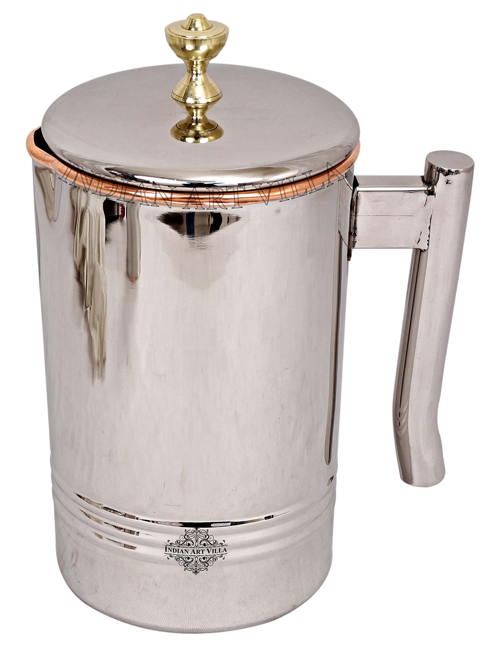 Indian Art Villa Steel Copper Carafes with Brass Knob, Serving Water Home Restaurant, 2000 ML