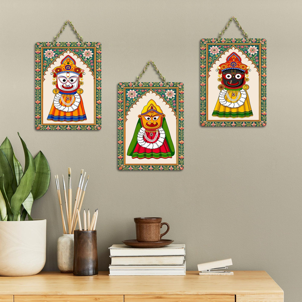 Artvibes Jagannath Balabhadra Subhadra Decorative Wall Art MDF Wooden Wall Hanger for Home | Art For Wall | Door Decoration Items | Wall Poster | Paintings For Wall | Unique Gift (WH_96165N), Set of 3
