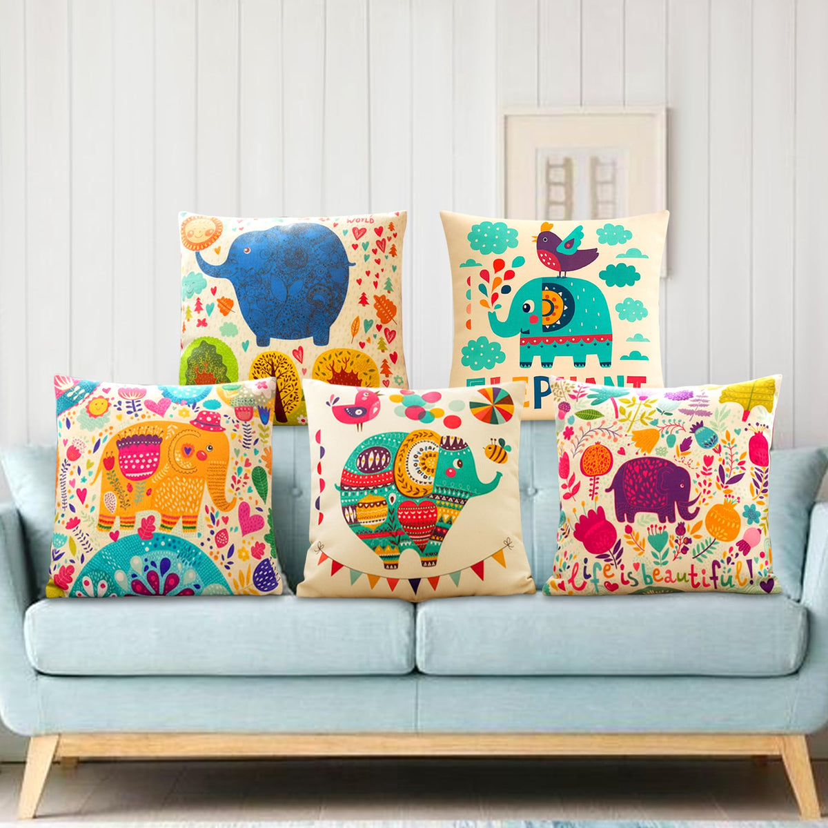 GLUN® Set of 5 Polycotton Cushion Covers, Multicolour Bohemian Elephant Print, 16 x 16 Inch Size Covers, Playful Cushion Covers for Sofa & Living Room Decor