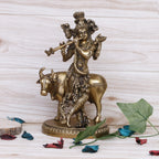 SVARUP Brass Shri Krishna Idol with Cow Kishan Bhagwan Murti Lord Krishna Cow Statue with Flute Big Size Height 10 Inch