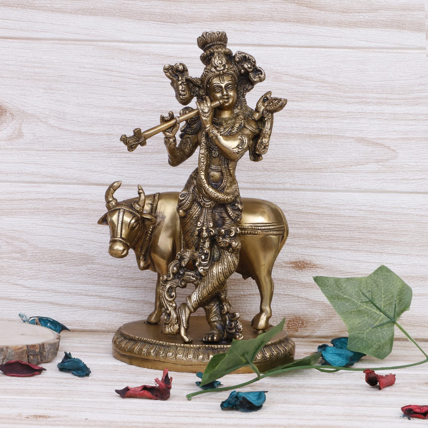 SVARUP Brass Shri Krishna Idol with Cow Kishan Bhagwan Murti Lord Krishna Cow Statue with Flute Big Size Height 10 Inch