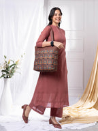 ZOUK Royal Indian Peacock Motif Printed Women's Jute Handcrafted Vegan Leather Grey Everyday Tote
