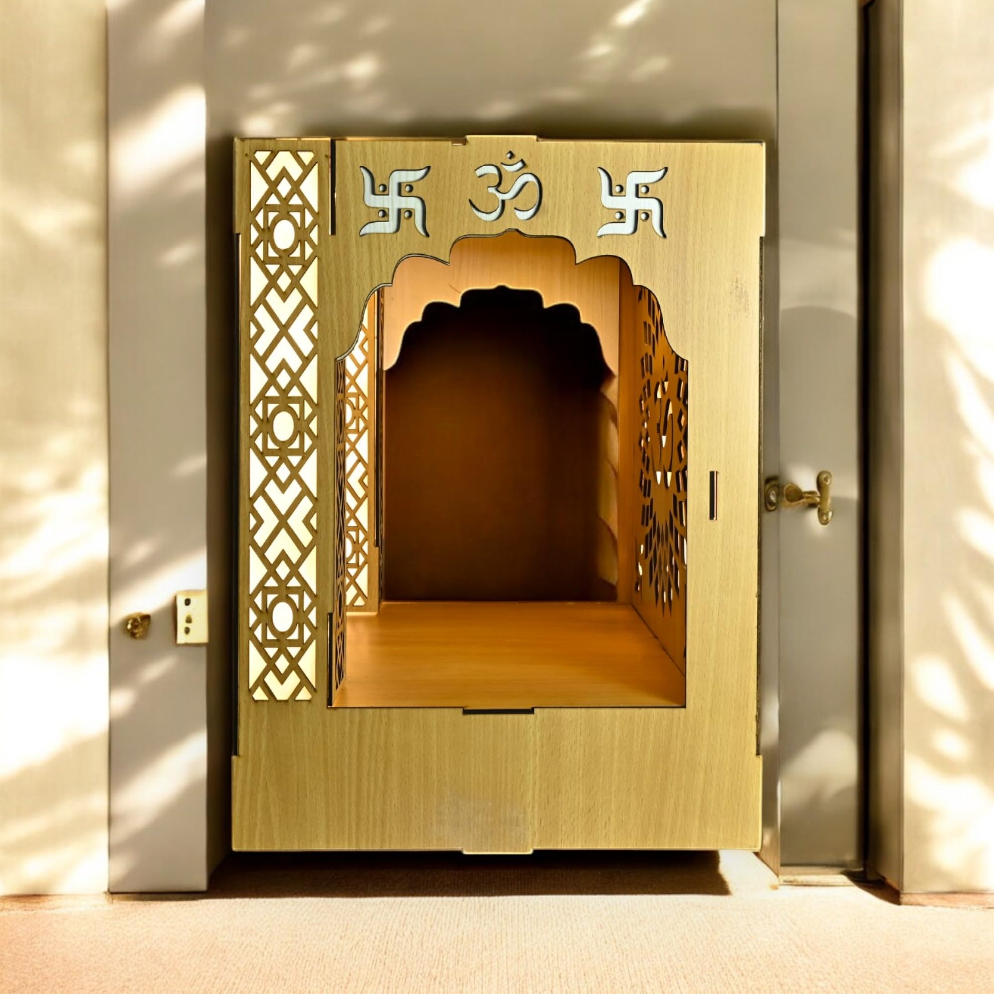 Wooden Home Mandir with LED Setup, Wall or Table Mounted (25x23x30) CM | Led Pillars | Mordern Design Temple for Home and Office | Maclarg (Light Peach)