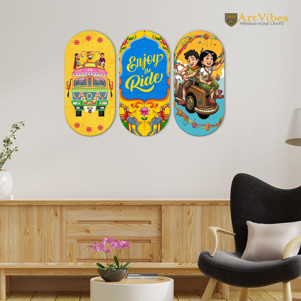Artvibes Enjoy The Ride Travel Quote Printed Wooden Wall Hanging MDf Wall Art | Quotes Decor Item for Office | Traveller Quotes Wall Art | Wall Poster | Home Decor | Unique Gift (WH_9015N), Set of 3