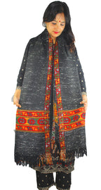 Australian Marino Wool Shawl Hand Woven Kullu Embroidery BLACK WITH WHITE DOTS