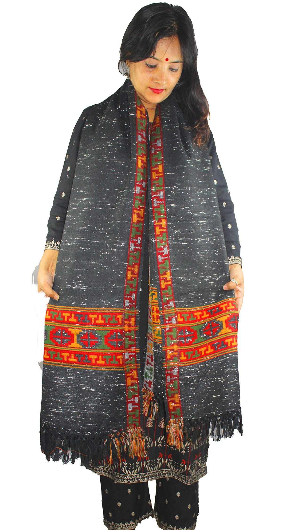 Australian Marino Wool Shawl Hand Woven Kullu Embroidery BLACK WITH WHITE DOTS
